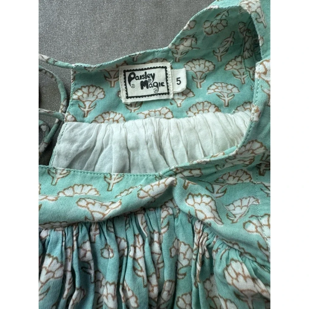 Paisley Magic Girls Dress 5 Green Block Print Pom Trim Boho Cotton India